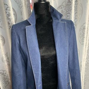Vintage Karen Silton sport denim blazer with leather on collar and pockets